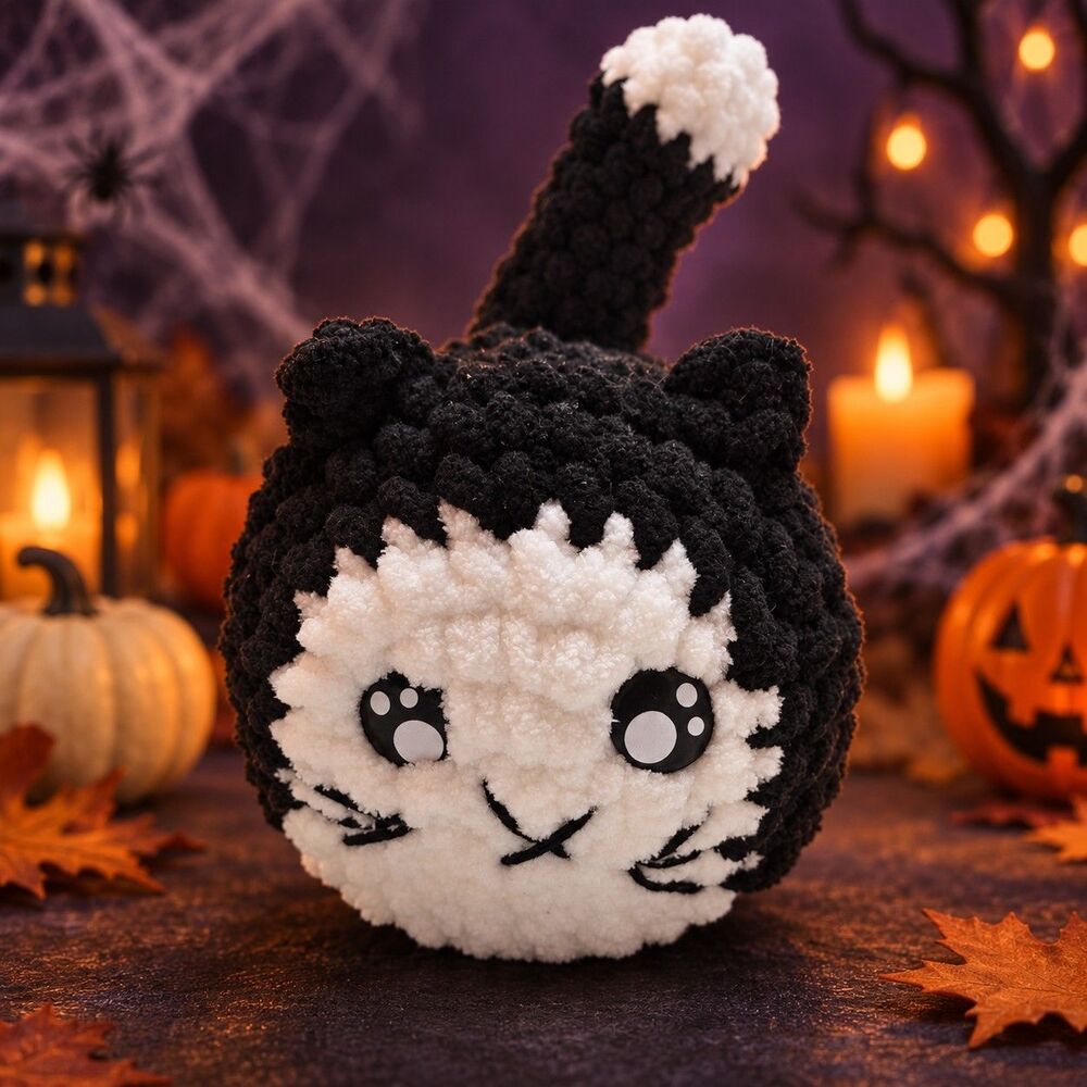 Handmade Crochet Black White Tuxedo Cat Plush Chunky Chenille Yarn 11" Halloween